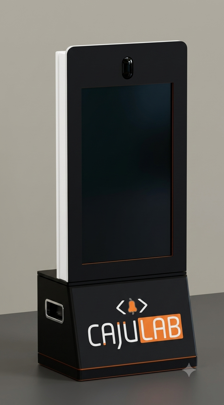Totem Interativo da PhotoLab Experience com tela touch e iluminação laranja